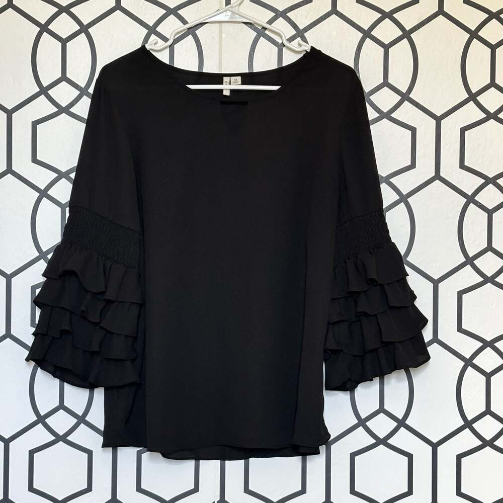 C. est 1946 Black Blouse Size M Keyhole Ruffle Sleeves